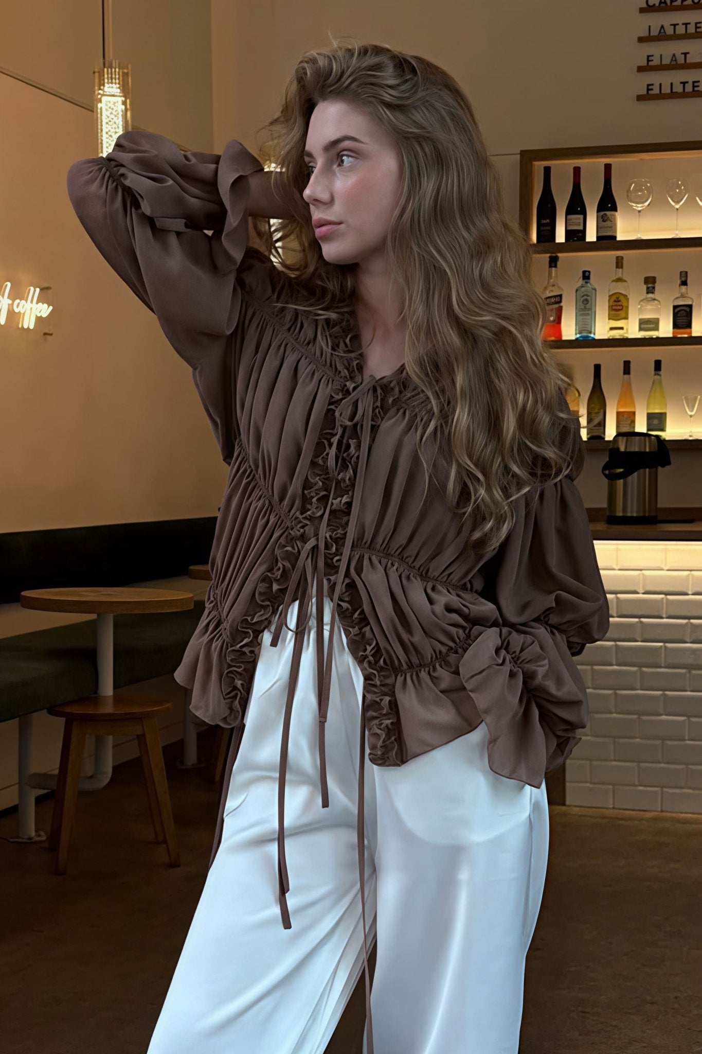 SOERA Beatrice Ruched Ruffle Tie Blouse - Blouse - Brown M
