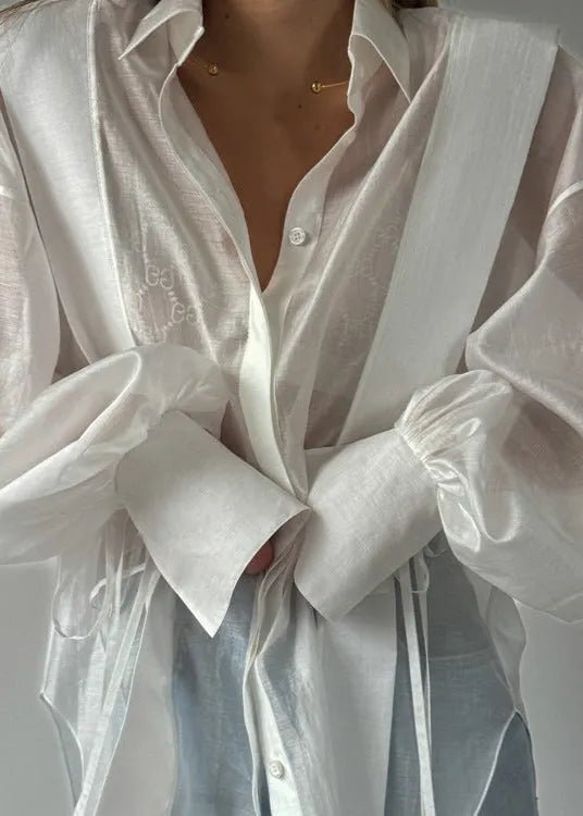 SOERA Isabella Oversized Ribbon - Tie Puff Sleeve Shirt - Blouse - White M