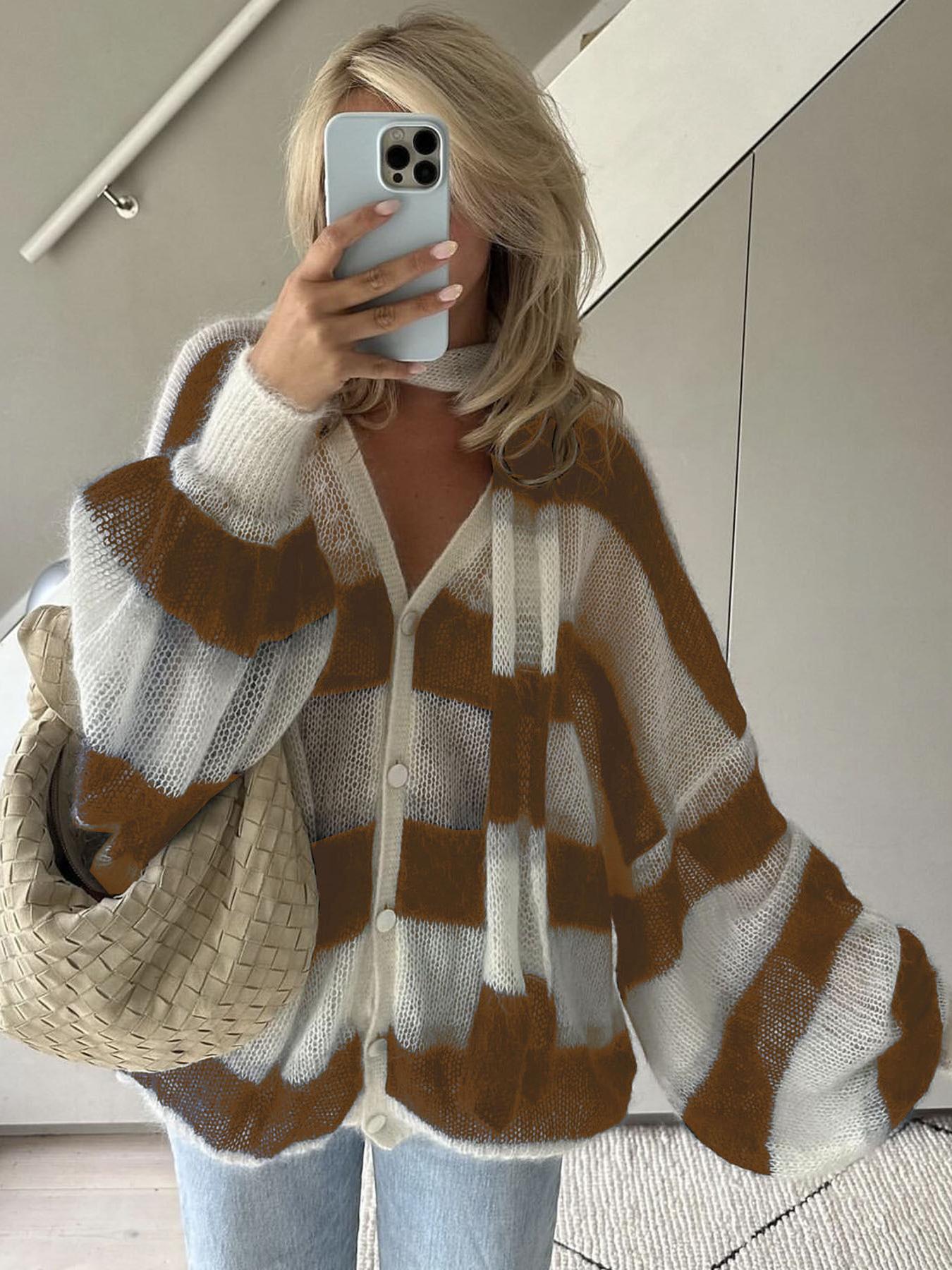SOERA Christel Loose Striped Cardigan - Cardigans - yx1770344797578843526 Beige S