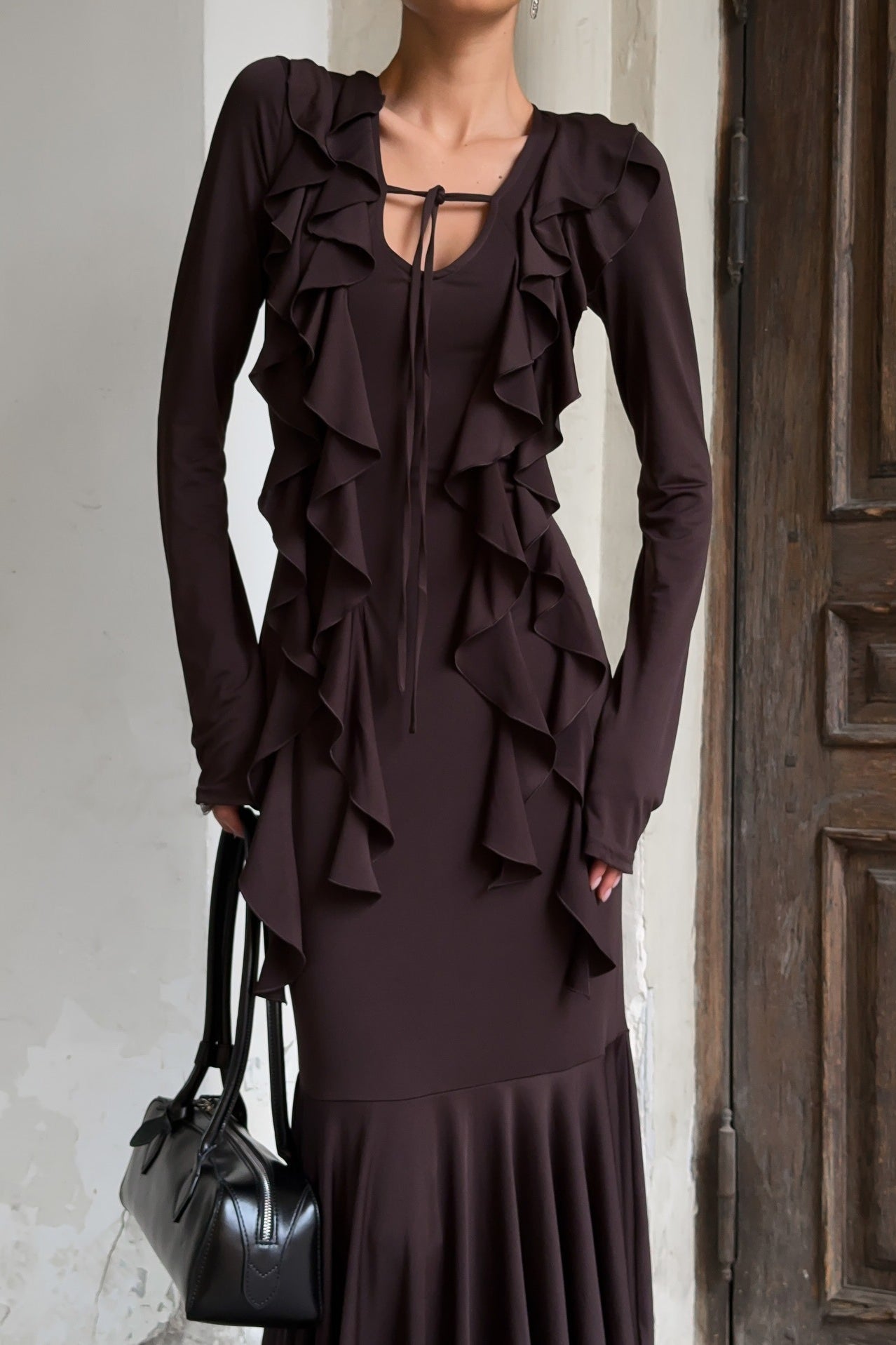 SOERA Arielle Ruffled Long - Sleeve Maxi Dress - Dress - Brown L