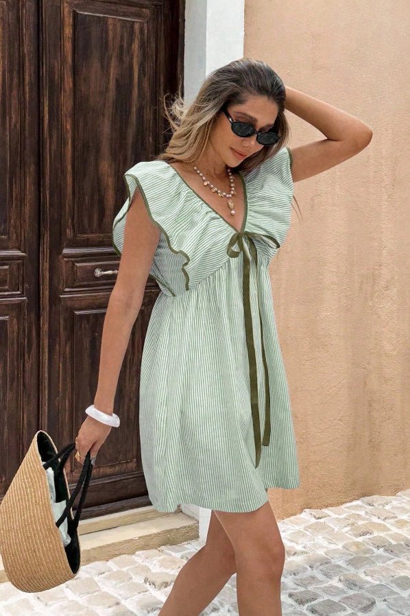SOERA Beatrice Striped V - Neck Ruffle Mini Dress - Dress - Green L