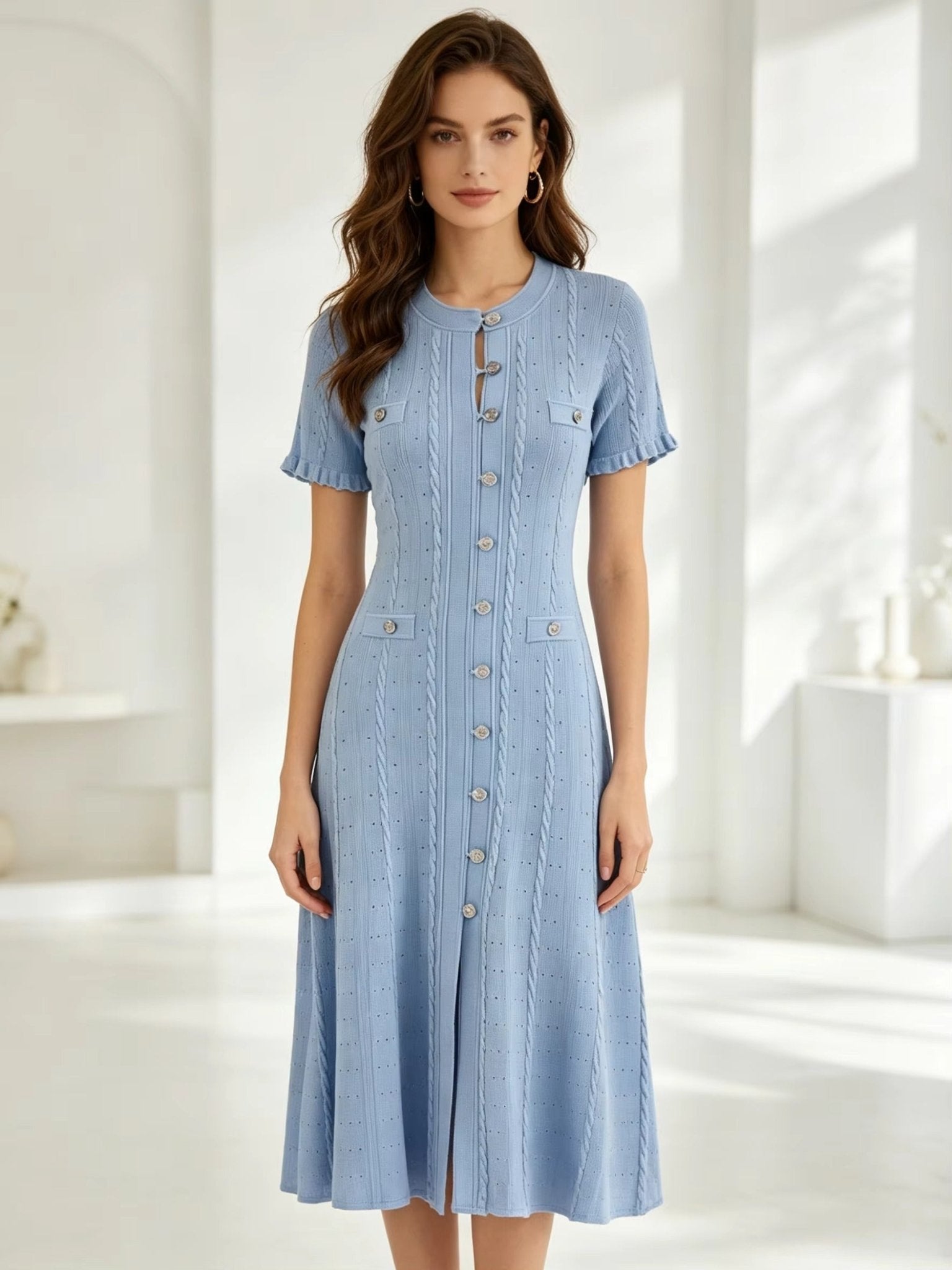 SOERA Erlinda Button - Front Knit Midi Dress - Dress - Blue XS
