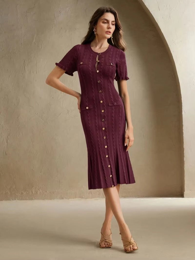 SOERA Erlinda Button - Front Knit Midi Dress - Dress - Burgundy L