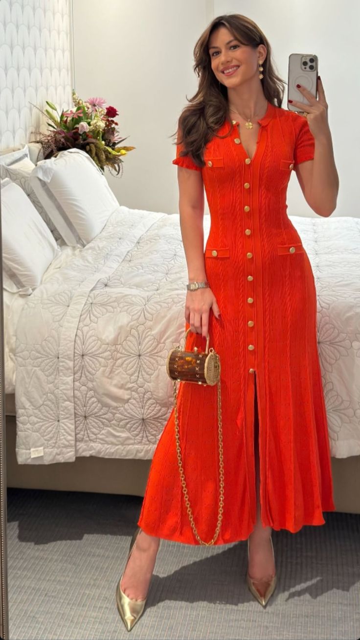 SOERA Erlinda Button - Front Knit Midi Dress - Dress - Orange