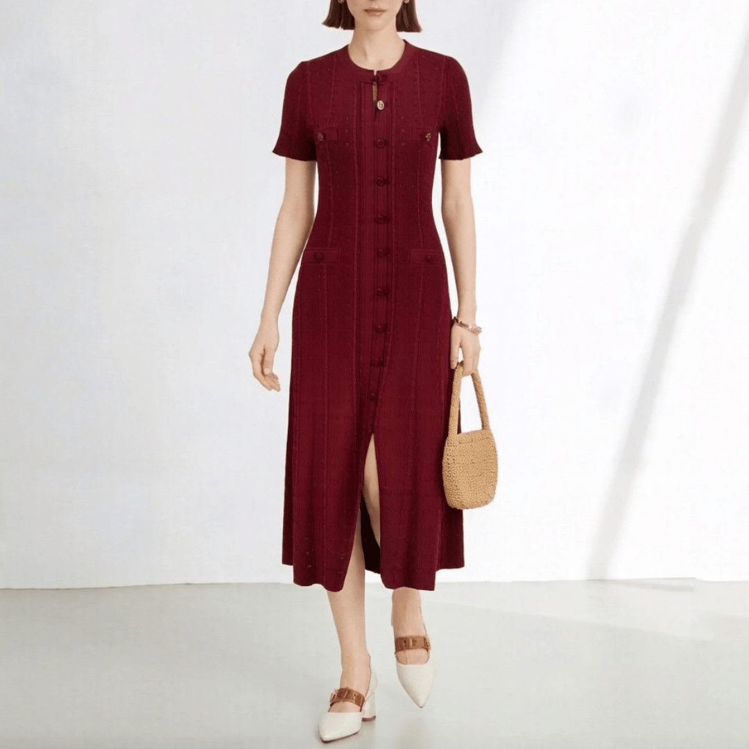 SOERA Hannelore French V - Neck Knitted Slit Dress - Dress - Burgundy XS