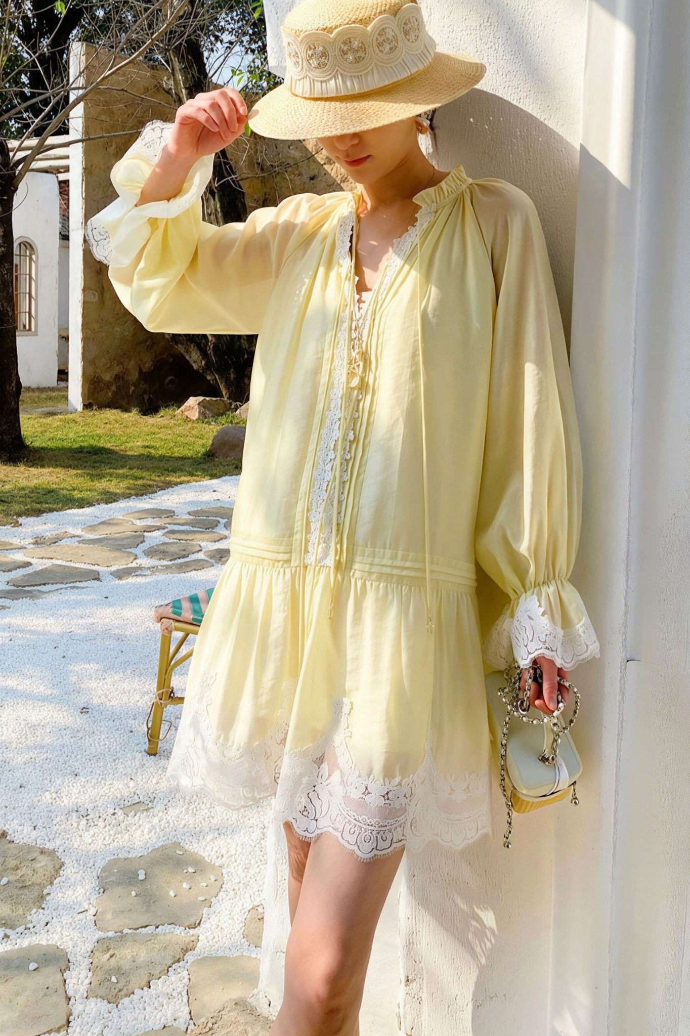 SOERA Imara Linen Lace Patchwork Midi Dress - Dress - Light Yellow S