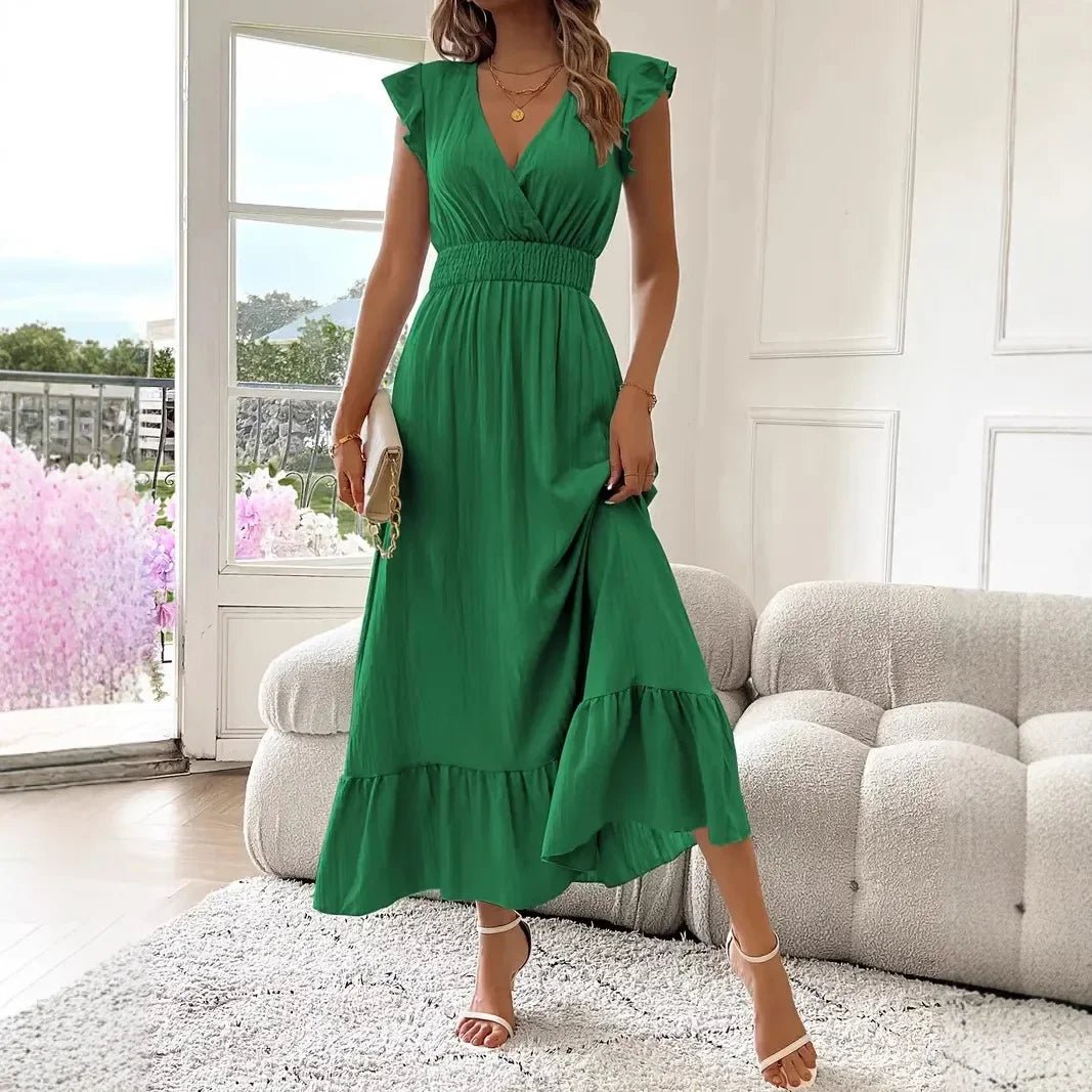SOERA Livia Black V - Neck Ruffle Swing Dress - Dress - Green S