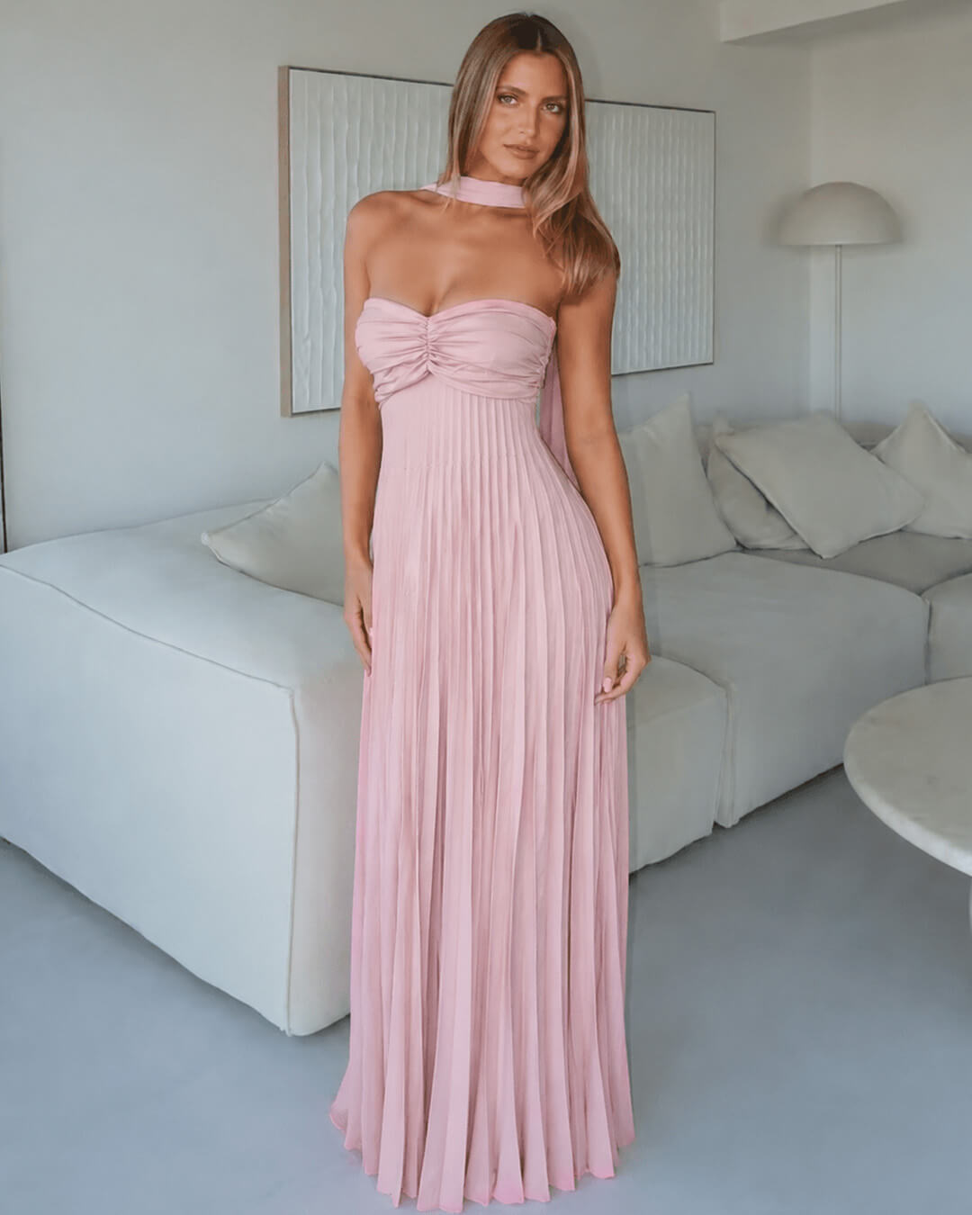 SOERA Olivia Mesh Maxi Dress with Scarf - Dress - SOERA-890243-PIN-S-84163 Pink S