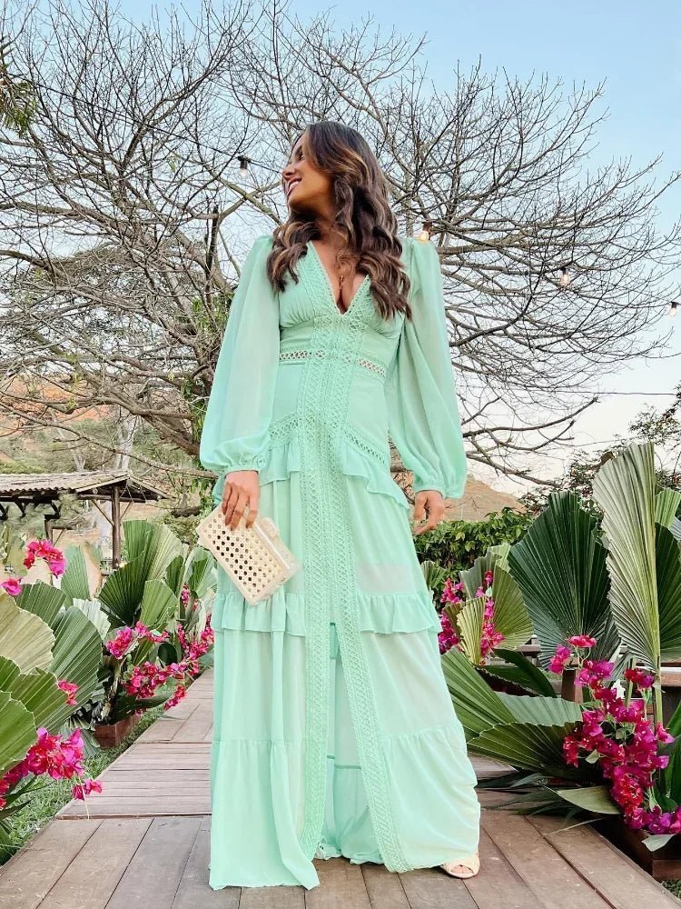 SOERA Molly Deep V-Neck Ruffle Maxi Dress - Dresses - Light Blue S
