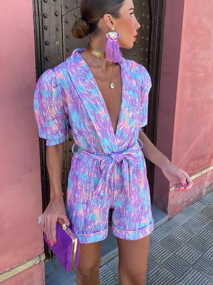 SOERA Bianca Festival Print Belted Playsuit - Jumpsuits & Rompers - Purple L