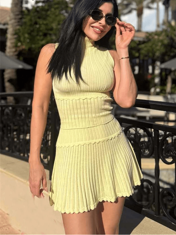 SOERA Bianca Two - Piece Knitted Crop Top & Pleated Mini Skirt Set - Matching Sets - Yellow XS