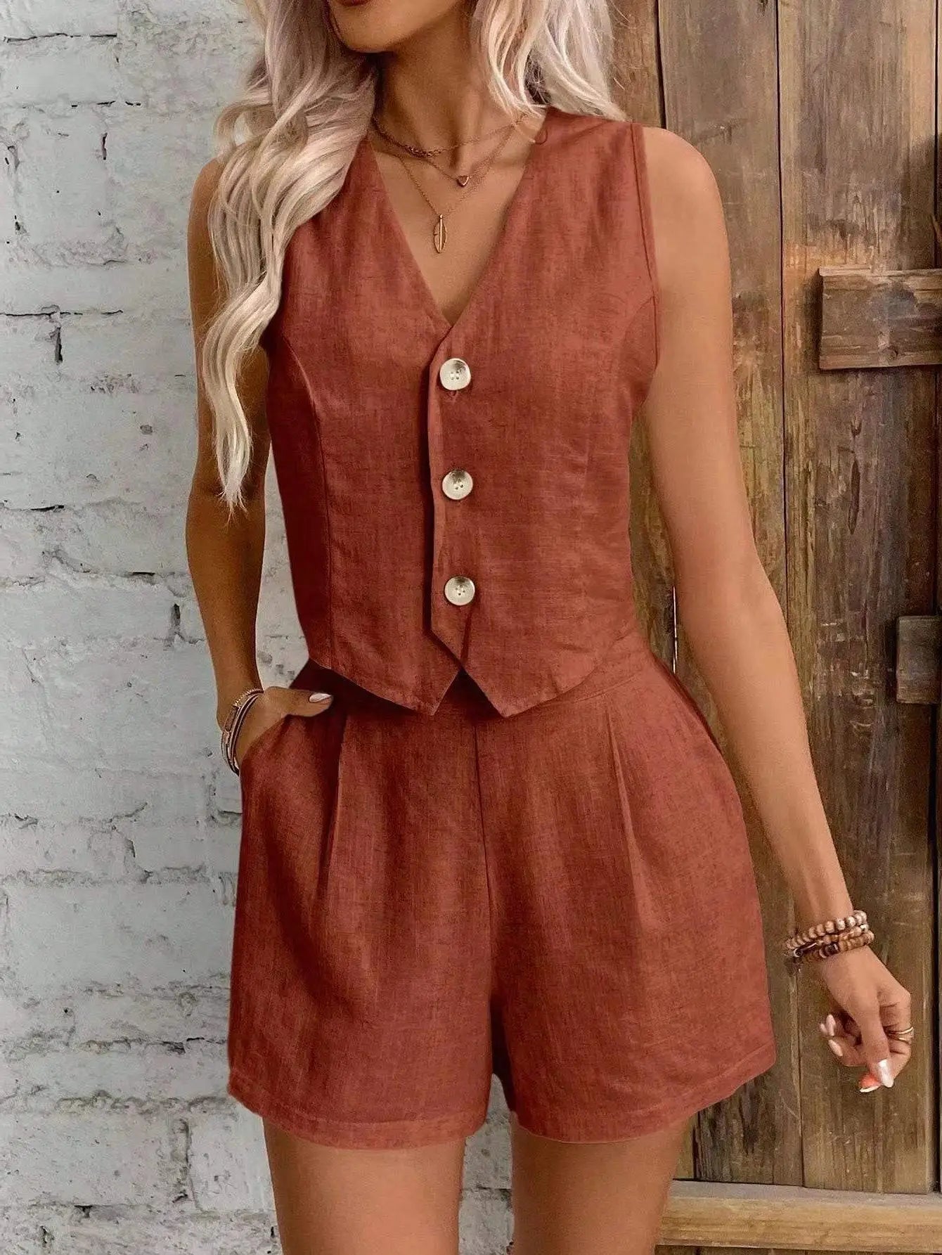 SOERA Lumi Cotton Linen Two Piece Set - Matching Sets - Rusty Brown S