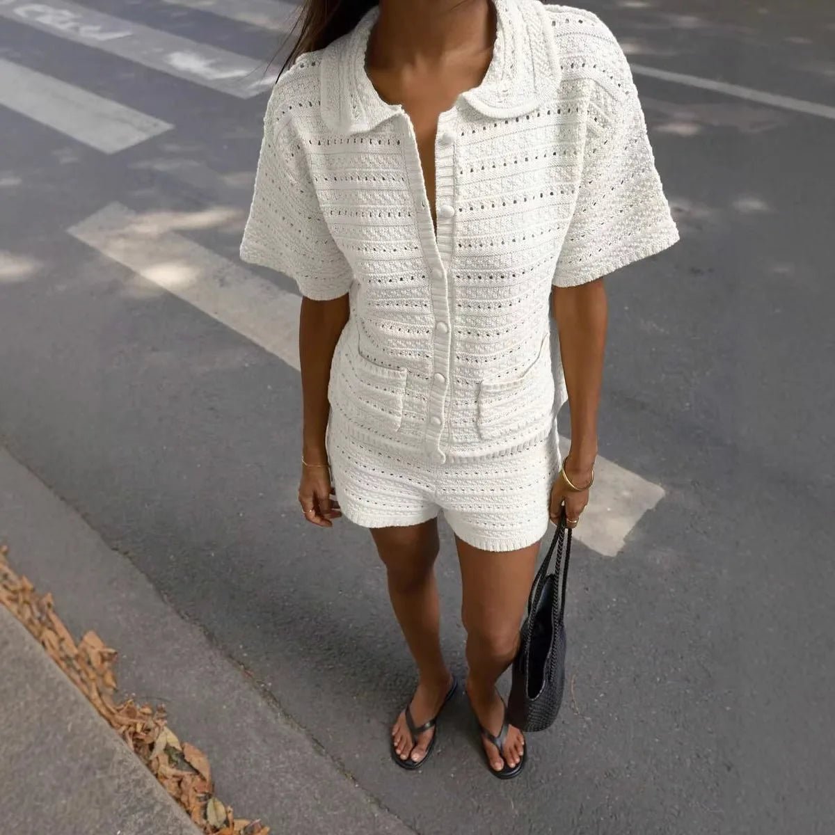 SOERA Sasha Solid Knit Cardigan Shorts Set - Matching Sets - White L