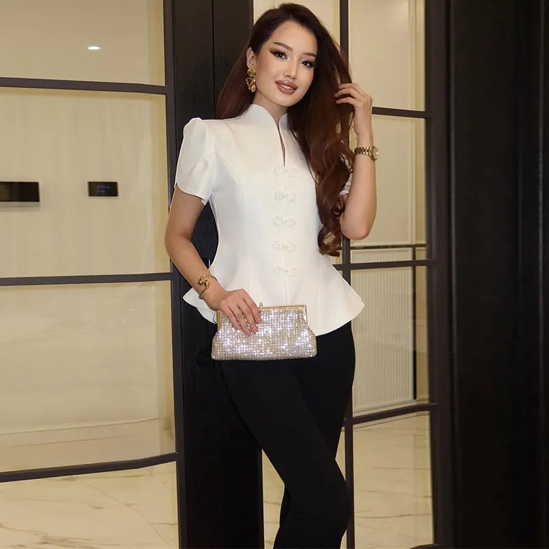 SOERA Bianca Knot Button Stand Collar Top - Top - White M