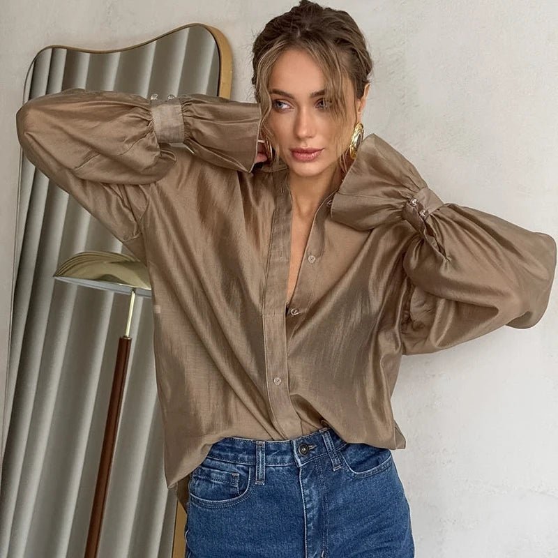SOERA Patricia Long Sleeve Sheer Blouse - Tops - 1005008870305553-;mt1772045931453177941 Brown S