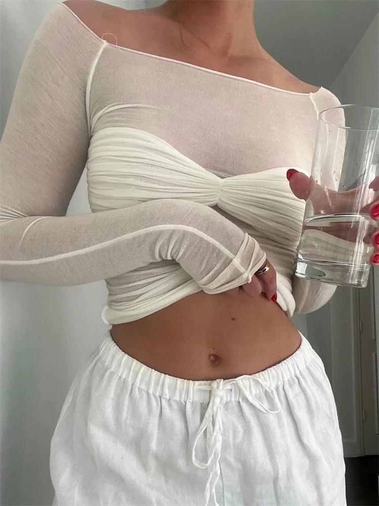 SOERA Sara Mesh Sheer Off - Shoulder Top - Tops - D1-MW459001 white S