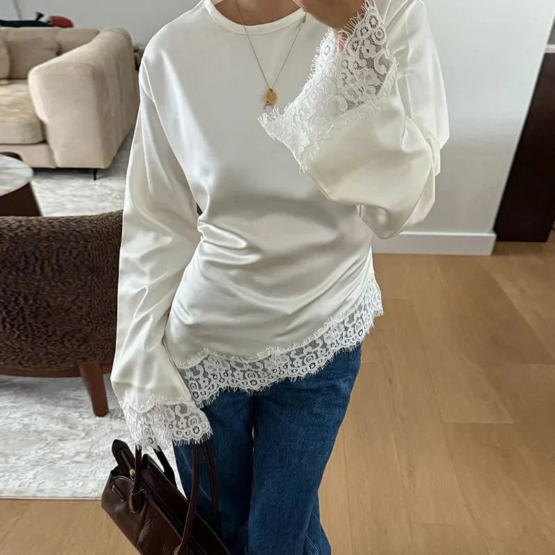 SOERA Serena Lace Satin Long Sleeve Top - Tops - Black S