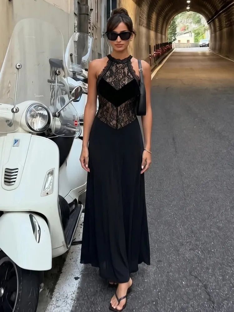 Lindsay vestido maxi halter em renda transparente