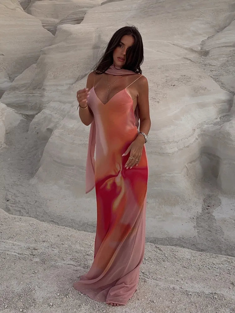 Elena Open-Back Ombre Satin Maxi Dress