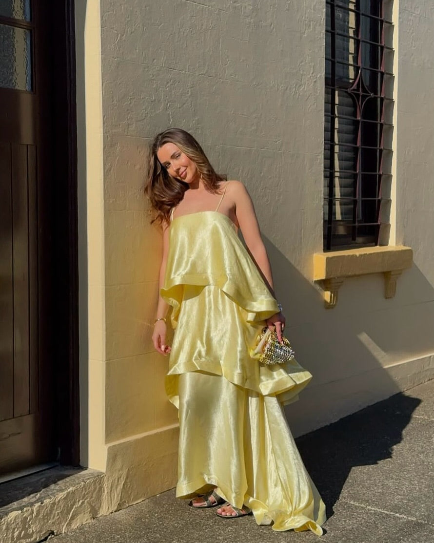 Margot Tiered Ruffle Satin Maxi Dress