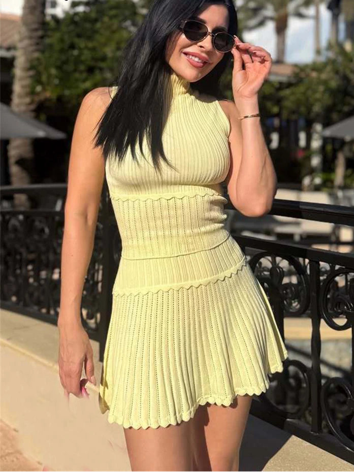 Bianca Two-Piece Knitted Crop Top & Pleated Mini Skirt Set