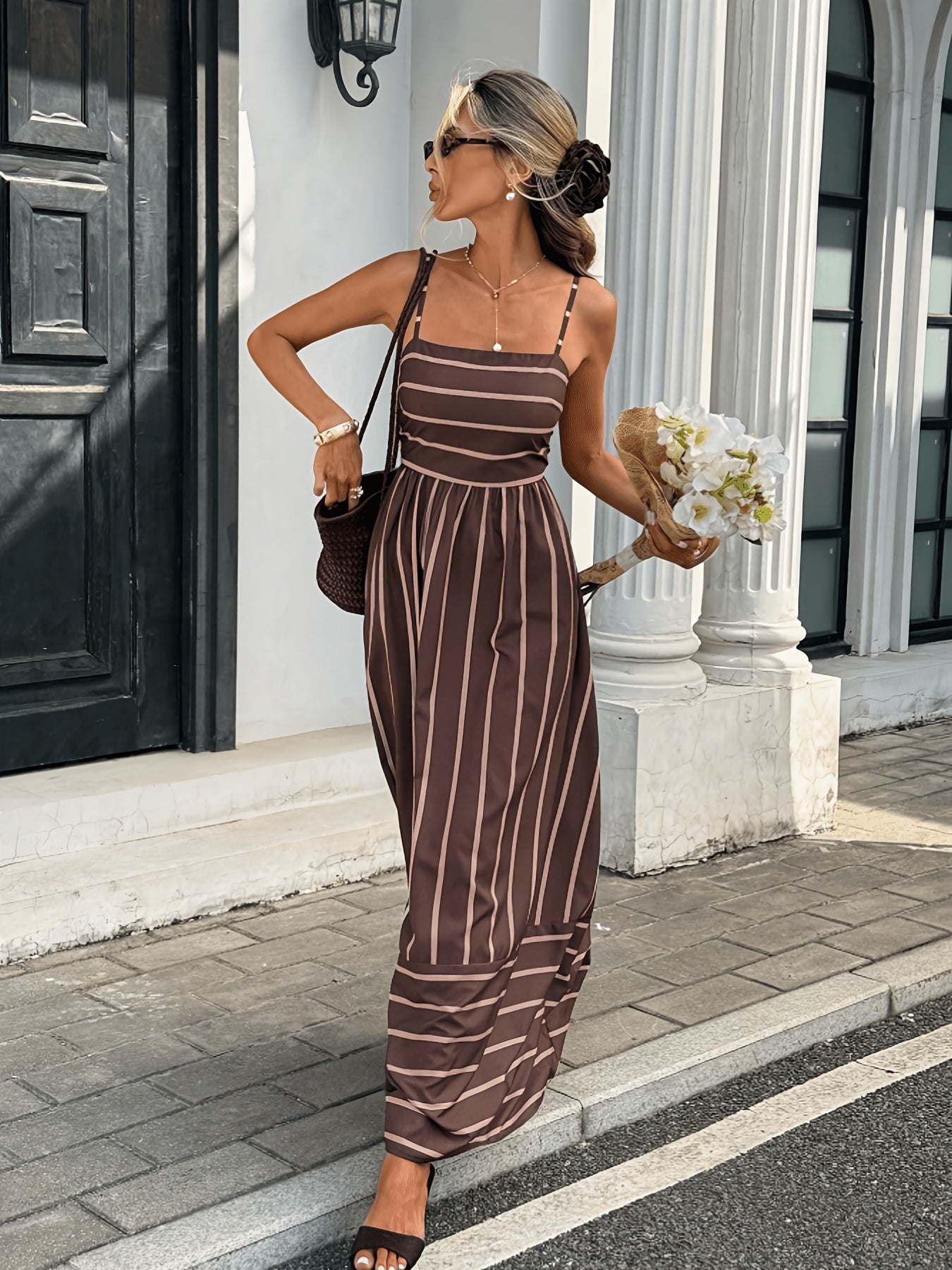 Vestido slip Elena às riscas com aspeto linho