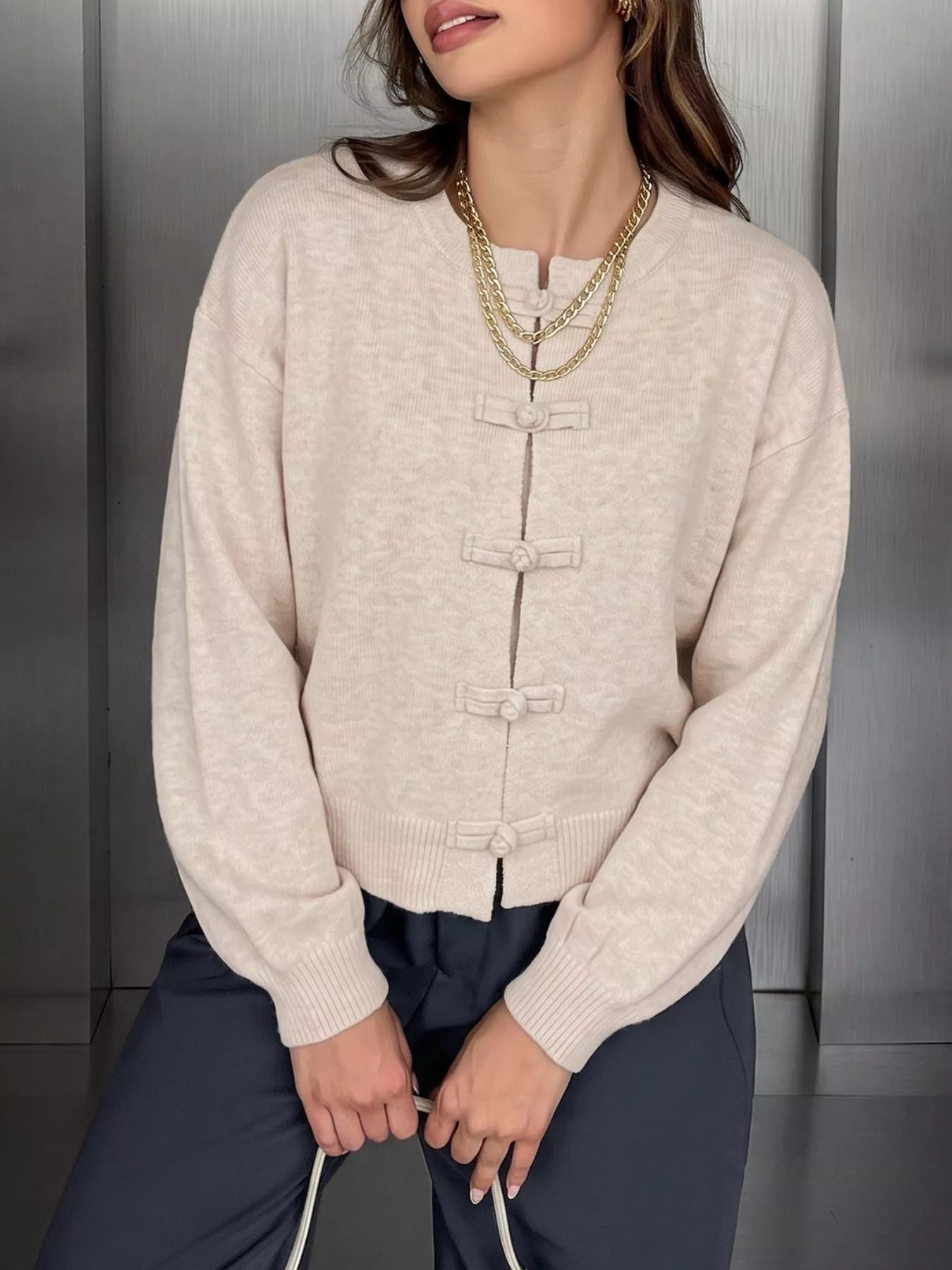 SOERA Lucy Frog Knots Knitted Cardigan in Apricot
