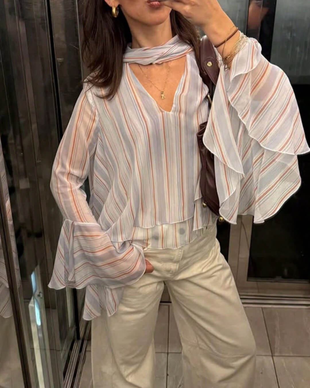 SOERA Hanna Stripe Ruffle Tie-Neck Blouse - Blouse - SOERA-479107-LIG-L-91843 Light Blue L