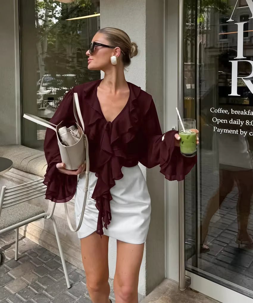 SOERA Linda Tie Neck Ruffled Blouse - Blouse - SOERA-414531-BUR-L-54531 Burgundy L