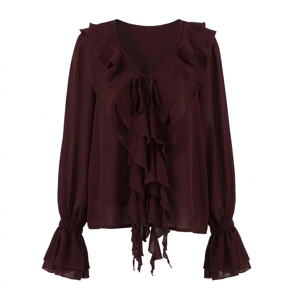 SOERA Linda Tie Neck Ruffled Blouse - Blouse - SOERA-414531-BUR-S-88995 Burgundy S