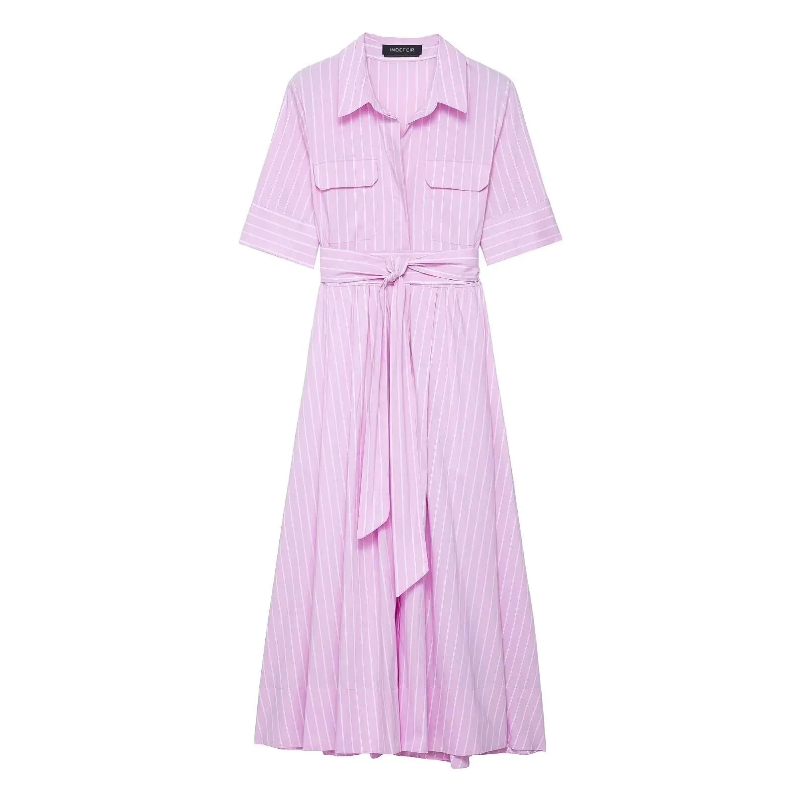 SOERA Beatrice Belted Shirt Midi Dress - Dress -  Pink Stripes XS