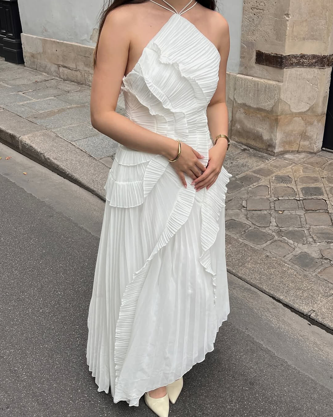 Vestido de noite Beatrice halter em linha A