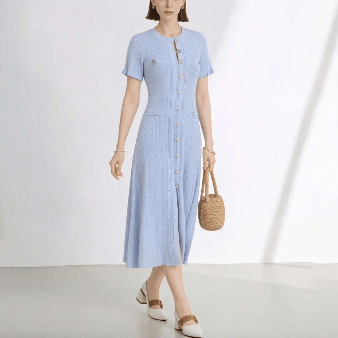 SOERA Hannelore French V - Neck Knitted Slit Dress - Dress -  Light Blue XS
