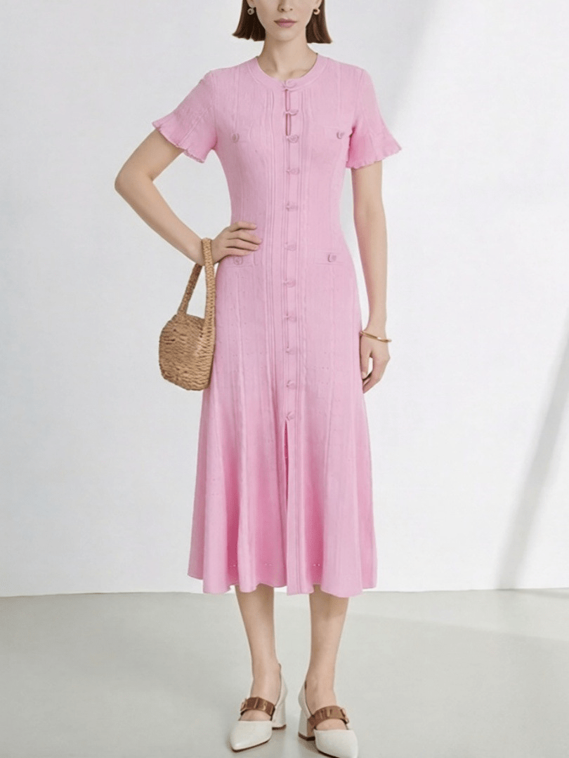 SOERA Hannelore French V - Neck Knitted Slit Dress - Dress -  Pink XS