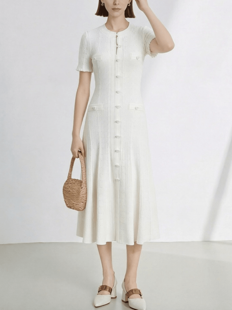 SOERA Hannelore French V - Neck Knitted Slit Dress - Dress -  White XS