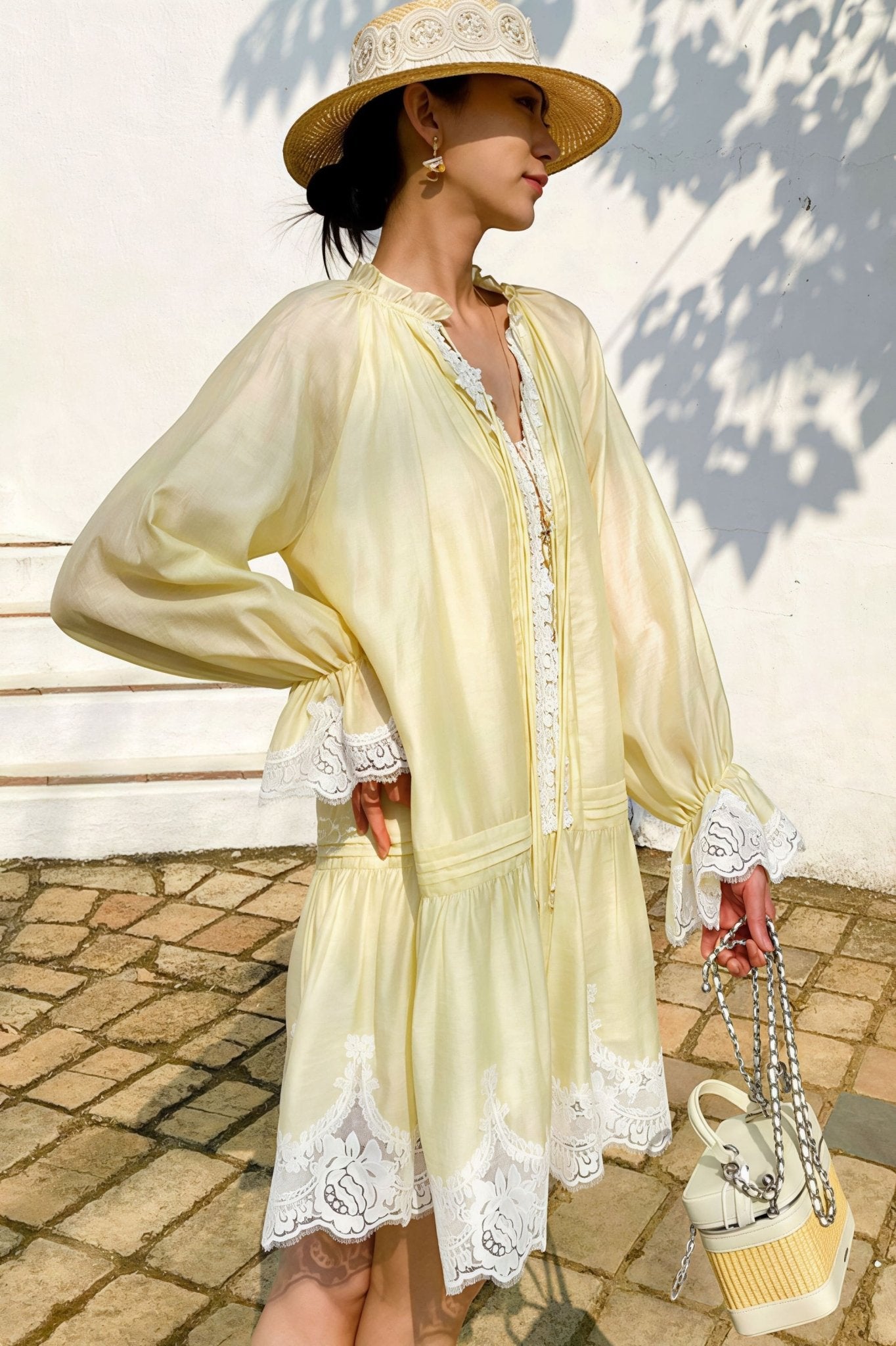 SOERA Imara Linen Lace Patchwork Midi Dress - Dress -  Light Yellow M