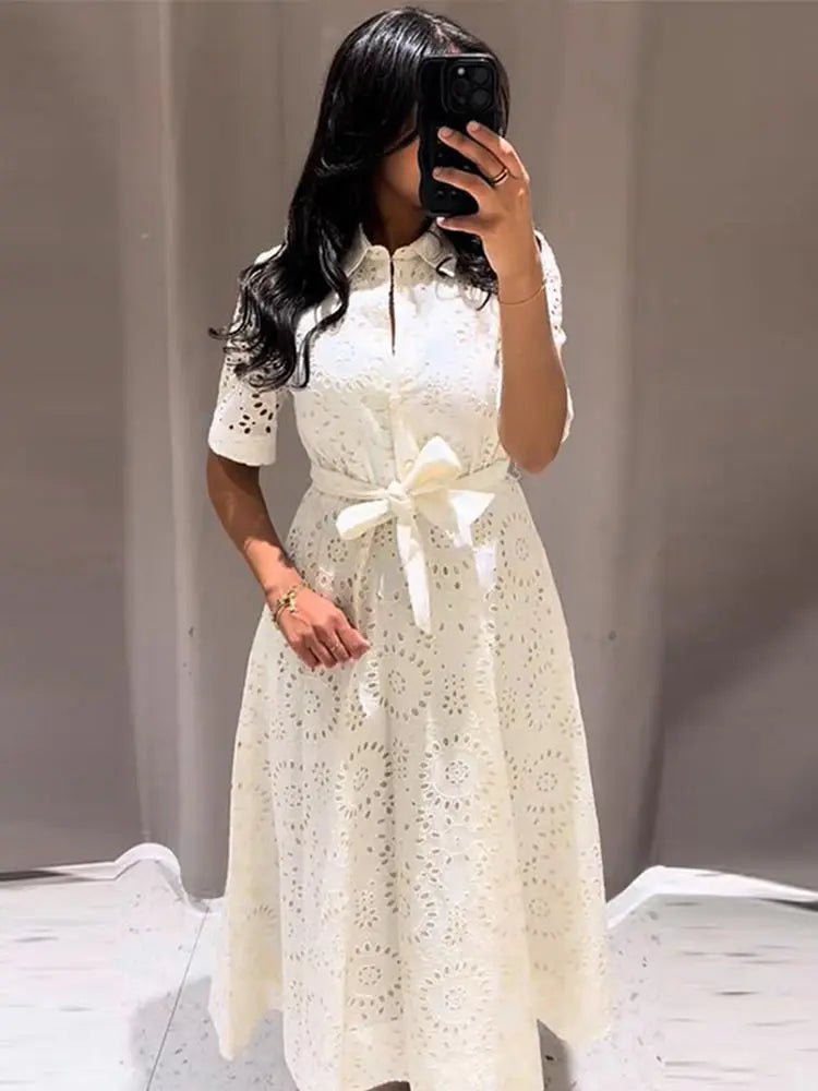 SOERA Merida Embroidered Belted Midi Dress - Dress -  White XS