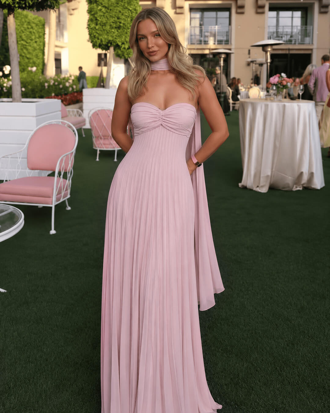 SOERA Olivia Mesh Maxi Dress with Scarf - Dress - SOERA-890243-PIN-XS-27843 Pink XS