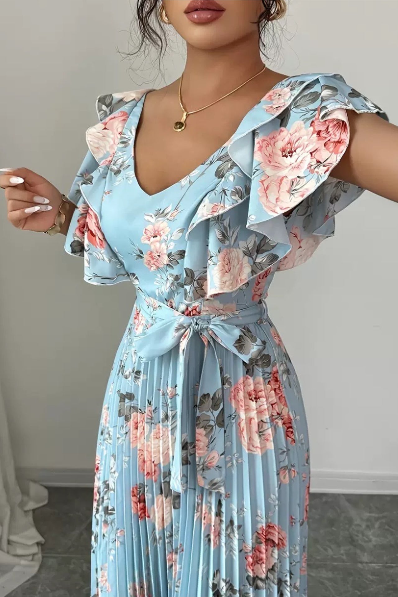 SOERA Valentina Floral V - Neck Ruffle Sleeve Maxi Dress - Dress -  Blue XS