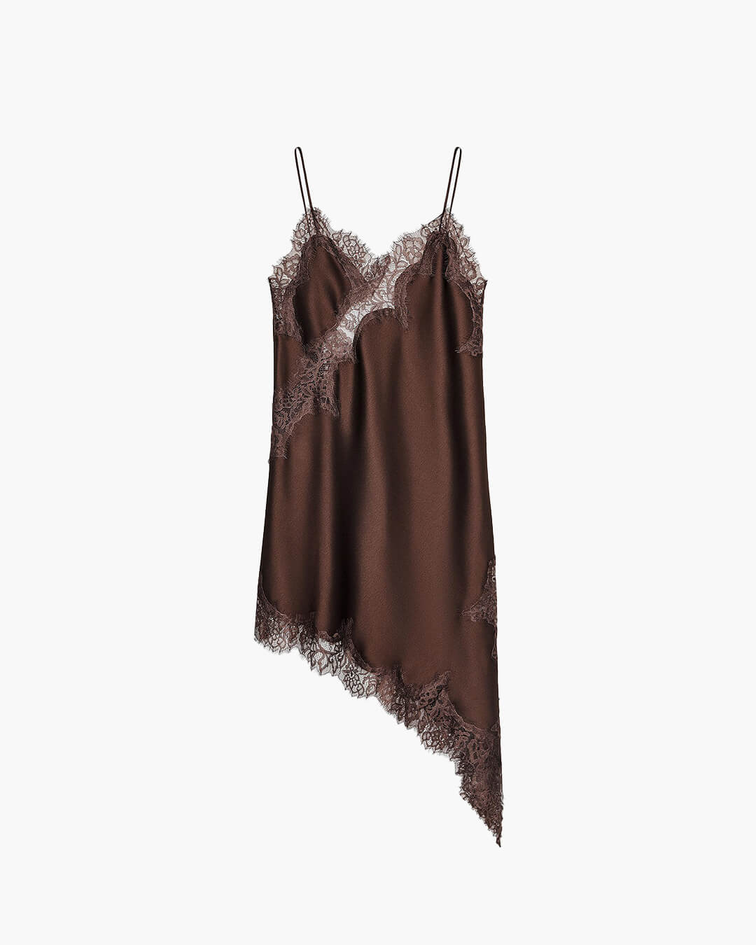 SOERA Arah Asymmetric Satin Lace Midi Dress - Dresses - we1760544073335814961 Brown Dress XS
