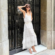 Vestido maxi Bianca com camadas e patchwork de renda
