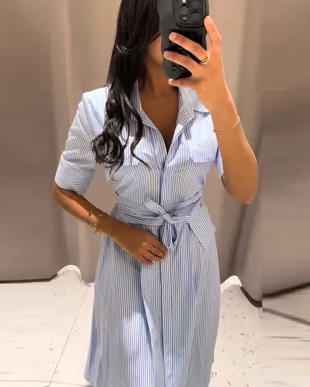 SOERA Katniss Striped Lace - Up Collar Maxi Dress - Dresses -  Blue M