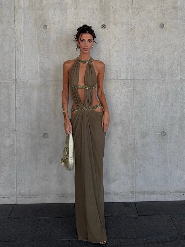 Vestido de Noite Maxi Halter com Lantejoulas Rafaela