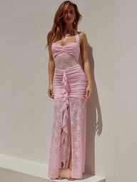 Vestido comprido halter drapeado em renda Selene