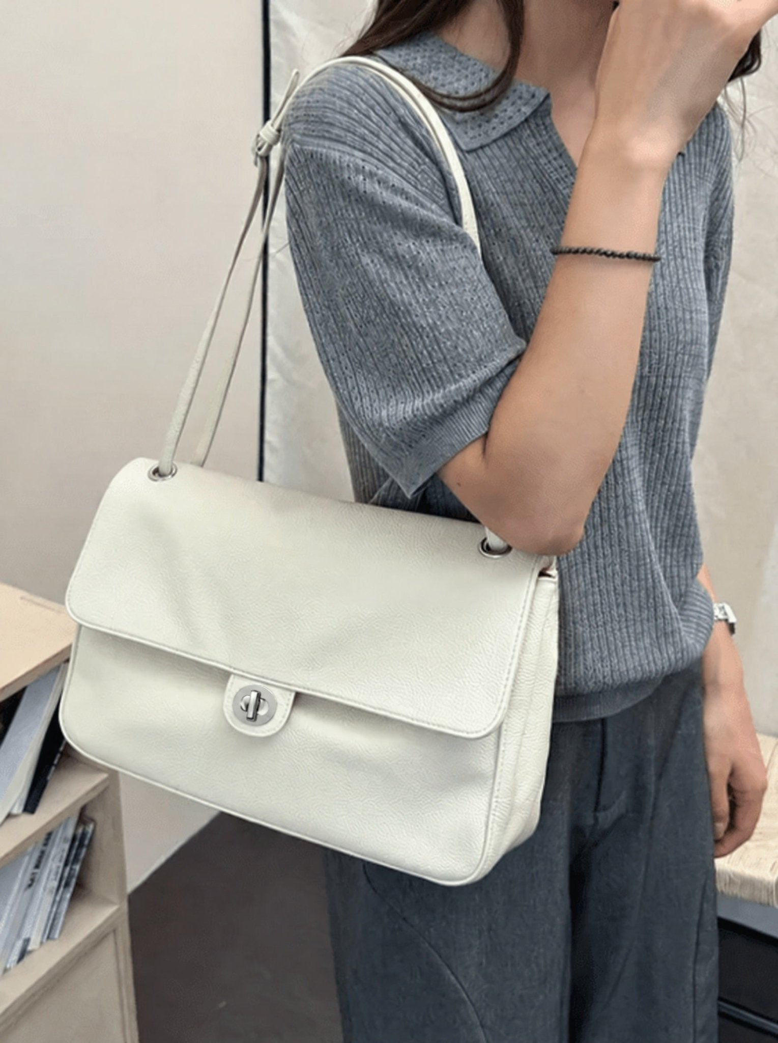 SOERA Josie Buckle Flap Shoulder Bag - Handbags -  White 36×24×11 cm