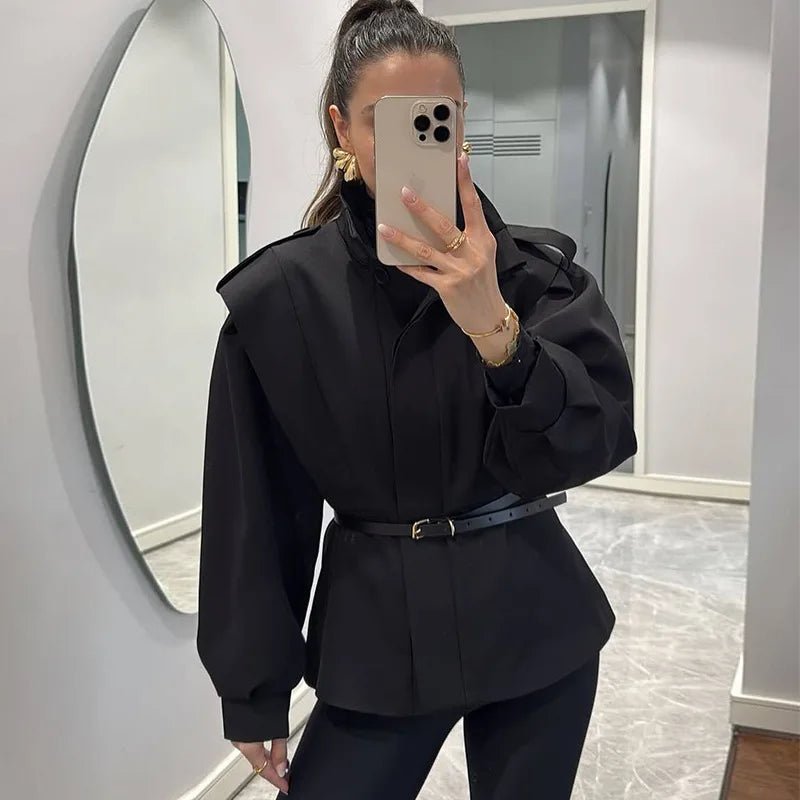 SOERA Camille Belted Short Trench Coat - Jackets - 1005010345829310-;KE1774012030498832592 Black S