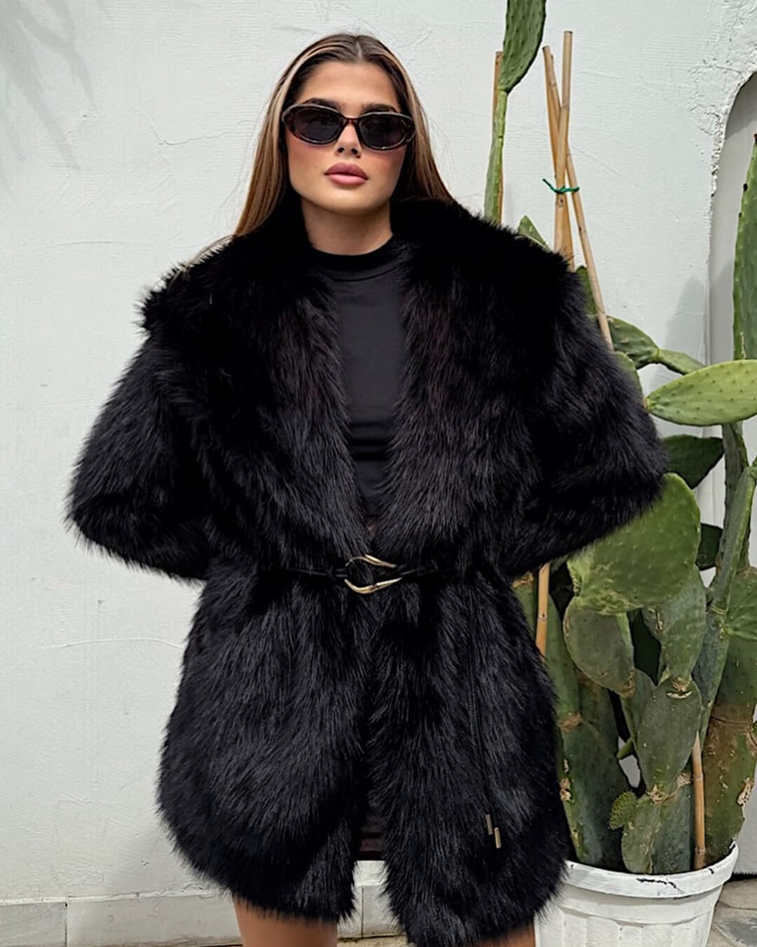 SOERA Faith Faux Fur Coat with Belt - Jackets - 3256807954805802-;rw1763625122207843671 Black XS