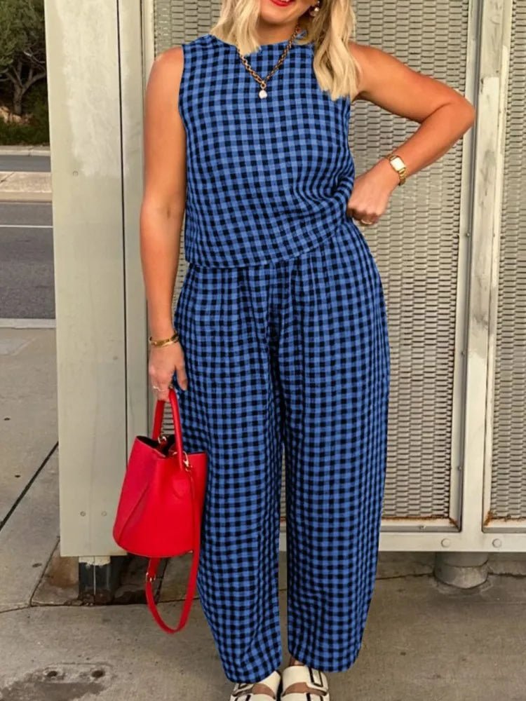 SOERA Zara Plaid Sleeveless Vest Nine Point Pants Set - Jumpsuit -  Blue M