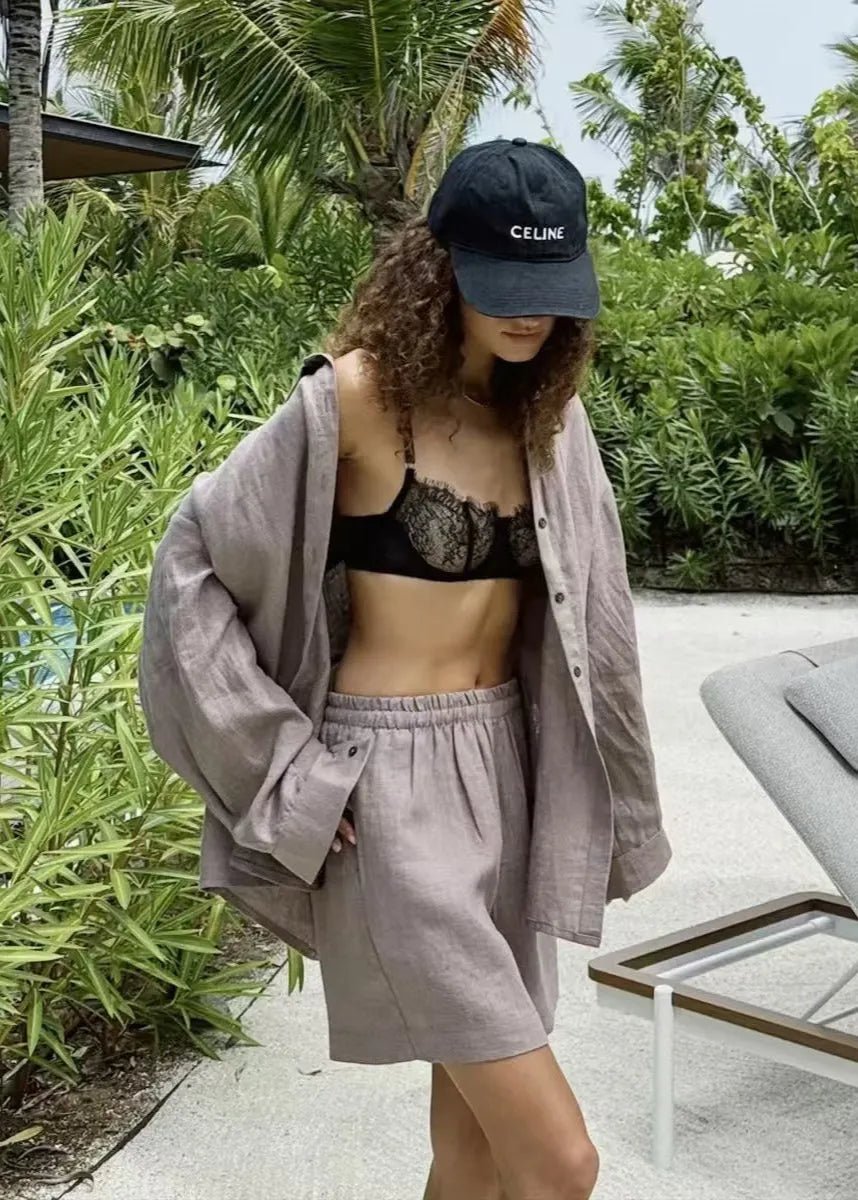 SOERA Camille White Linen Shirt and Shorts Set - Matching Sets -  Gray Set S