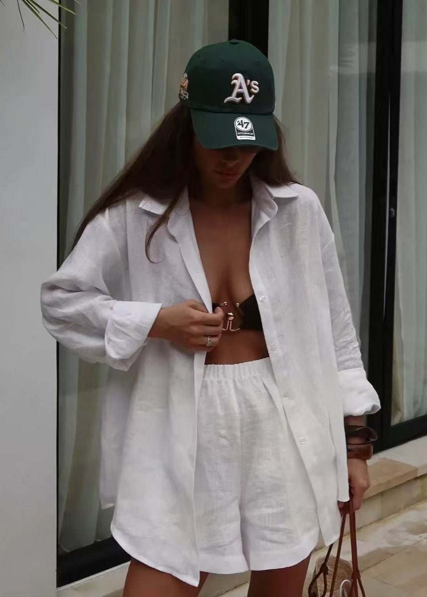 Conjunto Camille Camisa e Calções Brancos em Algodão